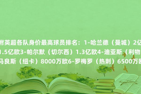 附英超各队身价最高球员排名：1-哈兰德（曼城）2亿欧2-萨卡（阿森纳）1.5亿欧3-帕尔默（切尔西）1.3亿欧4-迪亚斯（利物浦）8500万欧5-吉马良斯（纽卡）8000万欧6-罗梅罗（热刺）6500万欧7-霍伊伦（曼联）6000万欧8-阿马杜-奥纳纳（维拉）5500万欧9-埃泽（水晶宫）5500万欧10-穆里略（丛林）5000万欧11-佩德罗（布莱顿）5000万欧12-库杜斯（西汉姆）5000万